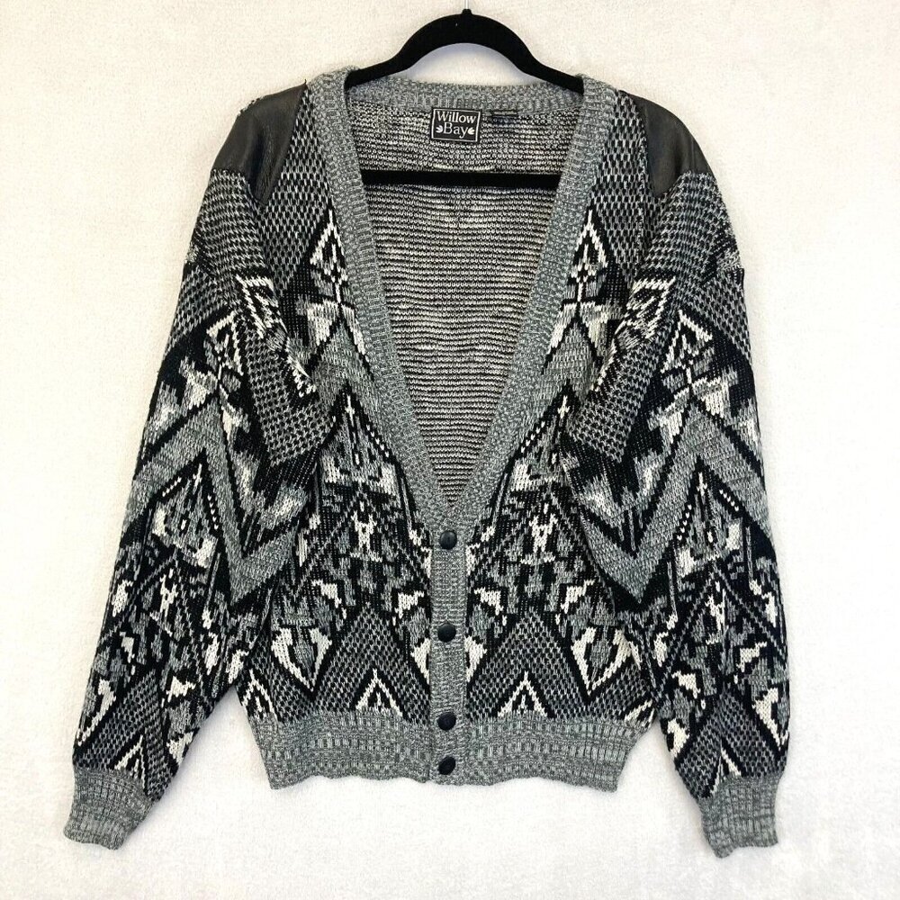 Willow Bay Vintage Cardigan Mens XL Aztec Knit Leather Shoulder Patch Gray Black